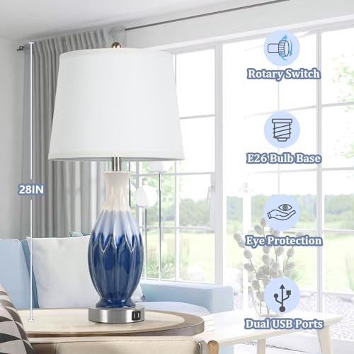 Bosceos 28” Tall Table Lamps Set of 2, Ceramic Navy Blue Bedside Lamps with USB Ports, Coastal Lamp with White Fabric Shade, Large Bedroom Table Lamps for End Table Living Room Nightstand - Image 5
