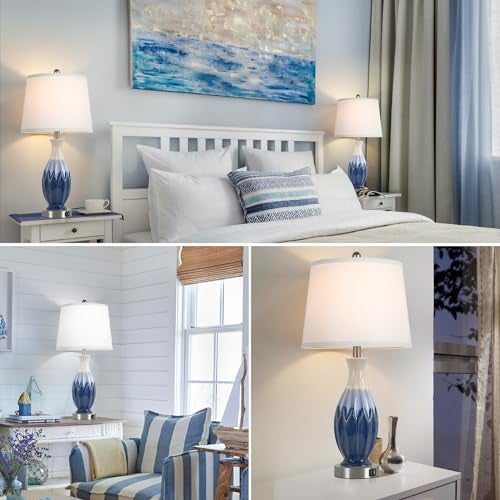 Bosceos 28” Tall Table Lamps Set of 2, Ceramic Navy Blue Bedside Lamps with USB Ports, Coastal Lamp with White Fabric Shade, Large Bedroom Table Lamps for End Table Living Room Nightstand - Image 2