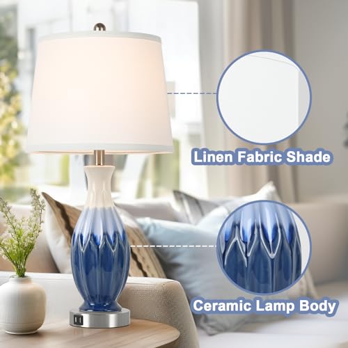 Bosceos 28” Tall Table Lamps Set of 2, Ceramic Navy Blue Bedside Lamps with USB Ports, Coastal Lamp with White Fabric Shade, Large Bedroom Table Lamps for End Table Living Room Nightstand - Image 4