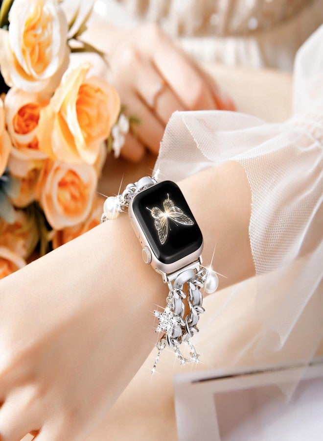DaQin Stylish Metal Band Compatible with Apple Watch Band for Women 44mm 42mm 45mm 46mm,Pretty Chain Replacement Strap with Apple Watch Accessories Charms for iWatch Series 11 10 9 8 7 6 5 4 3 2 SE - Image 3
