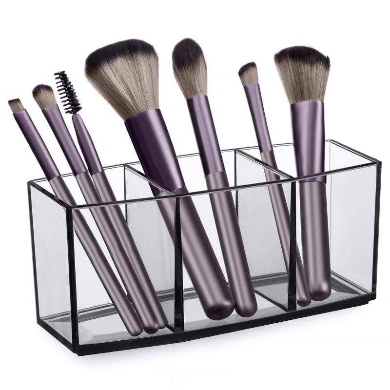 hblife HBlife Clear Makeup Brush Holder Organizer  Acrylic Cosmetic Brushes Storage with 3 Slots  Eyeliners Display Case for Vanity  - Image 1