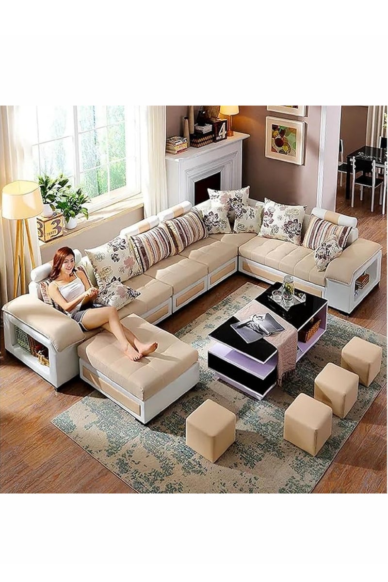 KARNAK Luxury U-Shape Velvet Fabric Modular Sofa Set with Ottoman & Stools – 6 to 8 Seater, Beige & White, Premium Cushions, Side Storage & Sturdy Wooden Frame – Modern Living Room Furniture - Image 1