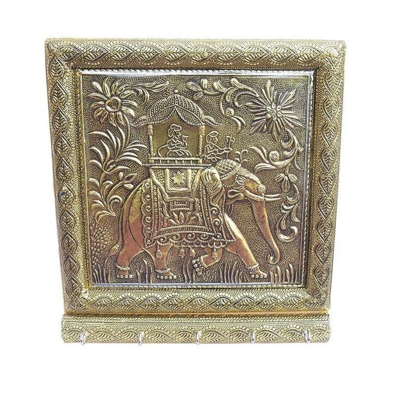 TECHZAGE Handcrafted Beautiful Minakari Wall Hanging Key Holder Square Shape for Home Decor Office Decoration Elephant KeyHolder - Image 1