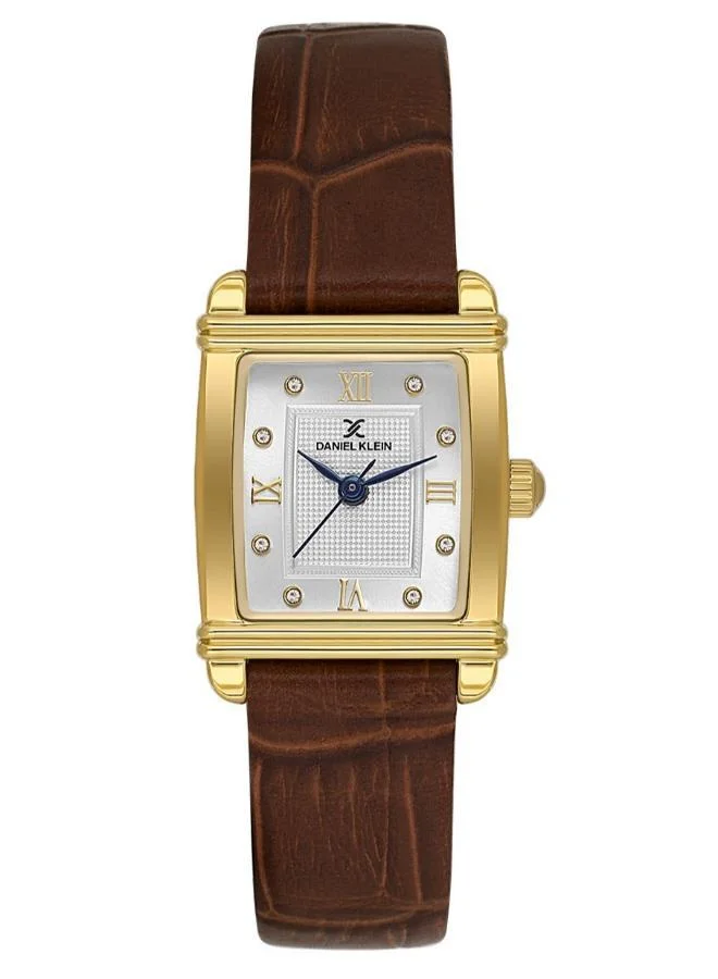 DANIEL KLEIN Women's Leather Gold Alloy Case Analog Silver Square Emboss Dial Japanese Quartz Premium 30 Meters Water Resistant