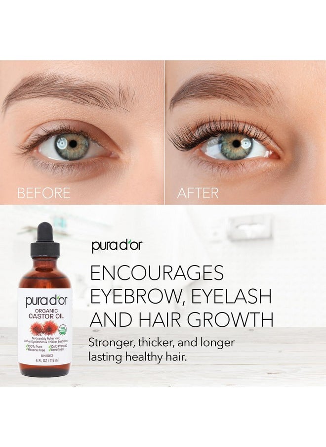 Pura d'or - PURA D'OR 4 Oz ORGANIC Castor Oil - 100% Pure USDA Certified Cold Pressed, Hexane Free Eyelash & Eyebrow Serum - For Fuller, Thicker Lashes & Brows - Skin & Hair - Image 1