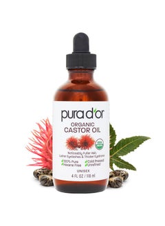 PURA D'OR 4 Oz ORGANIC Castor Oil - 100% Pure USDA Certified Cold Pressed, Hexane Free Eyelash & Eyebrow Serum - For Fuller, Thicker Lashes & Brows - Skin & Hair