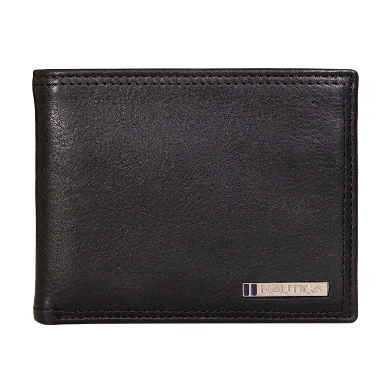 Nautica Mens Classic Bifold Leather Wallet | RFID Blocking Protection | ID Window | 6 Card Slots | 2 Slip Pockets | Billfold Design | Organization | Durable | Stylish | Enameled Logo - Black - Image 1