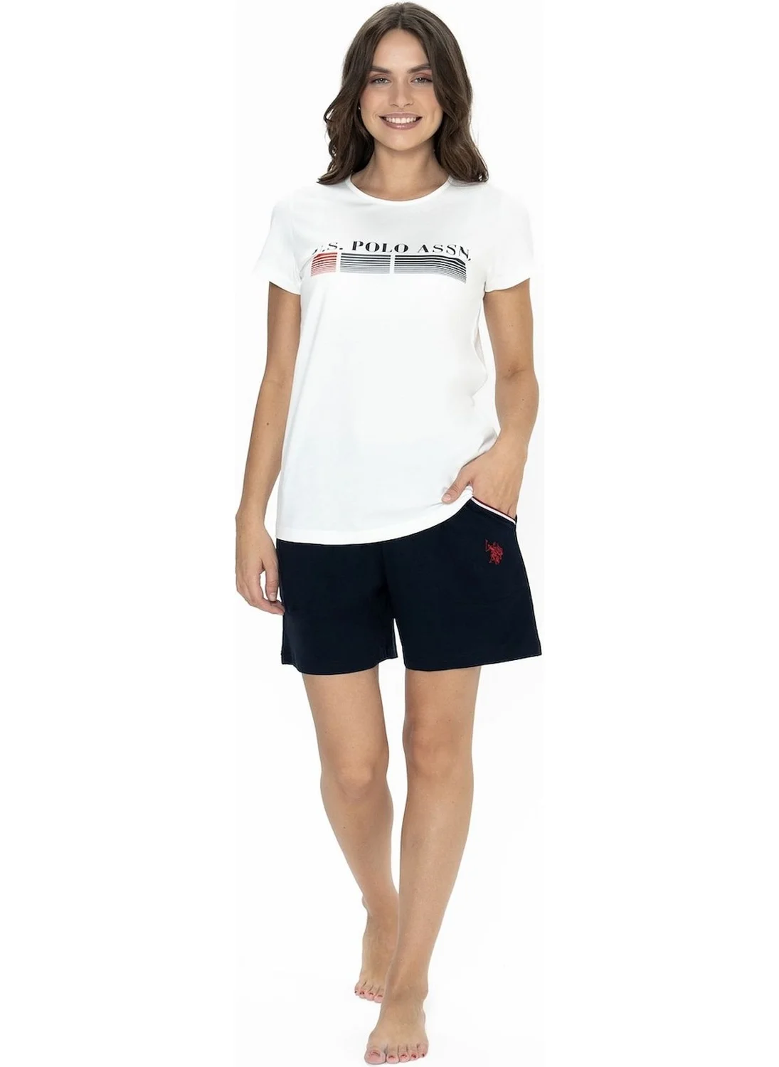 U.S. Polo Assn. 20004 Women's Short Sleeve Crew Neck Shorts Pajama Set-Ecru