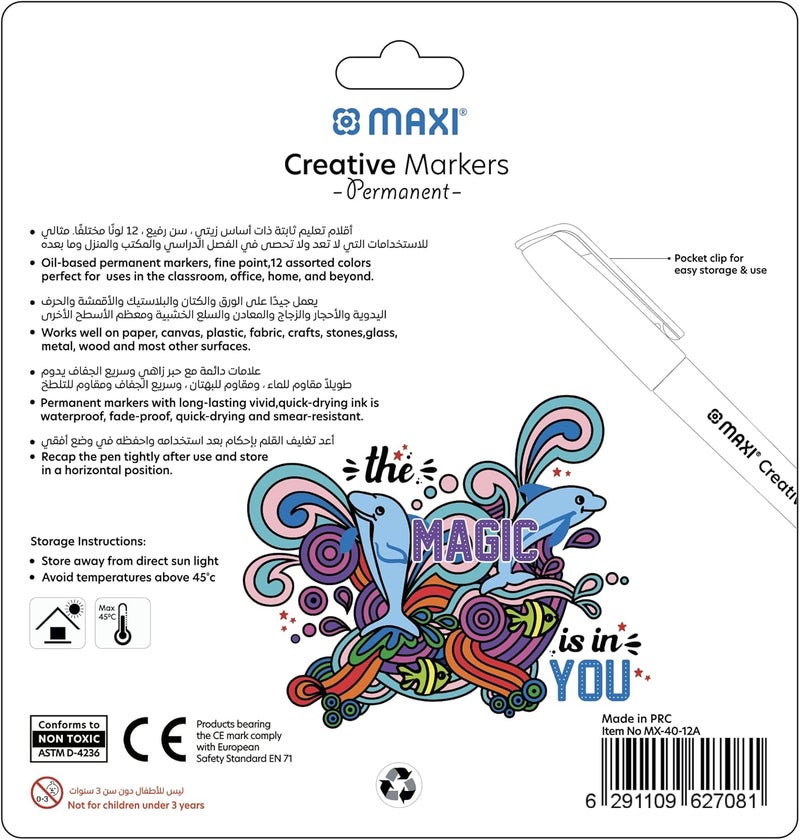 Maxi Creative Permanent Marker Bullet Slim Blister Of 12Pcs Assorted Colours, 40-12A - Image 2