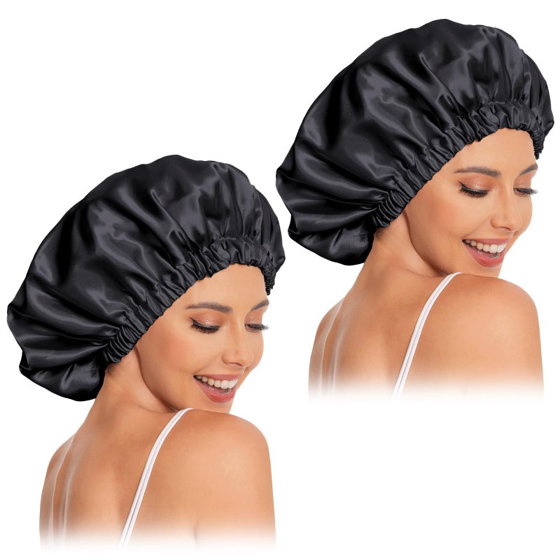 Edoneery Satin Bonnet Silk Bonnet Hair Bonnet for SleepingSlouchy Beanie Hat Satin Sleep Cap for Womens Natural  Curly Hair2Pcs Black