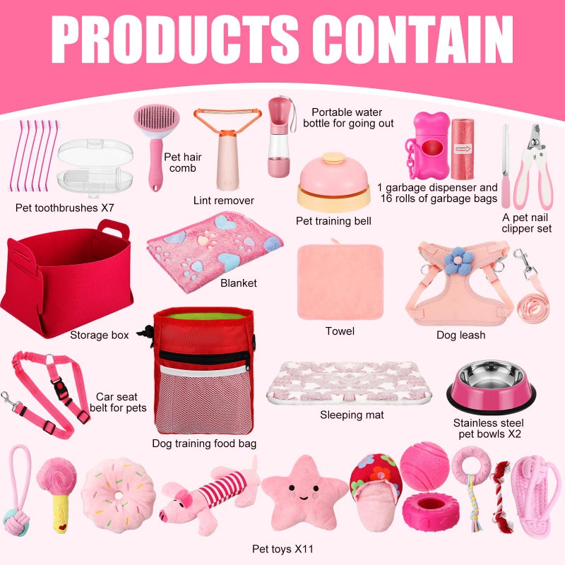 Abbylike 50 Pcs Puppy Supplies Starter Kit for Small Dogs Puppy Essentials Includes Leash, Bowls, Teeth Brushes, Water Bottle, and More Accessories for Dogs Pet Day Welcome Gift(Pink) - Image 5