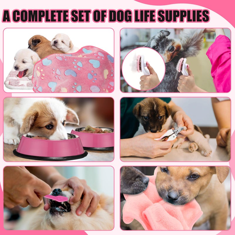 Abbylike 50 Pcs Puppy Supplies Starter Kit for Small Dogs Puppy Essentials Includes Leash, Bowls, Teeth Brushes, Water Bottle, and More Accessories for Dogs Pet Day Welcome Gift(Pink) - Image 3