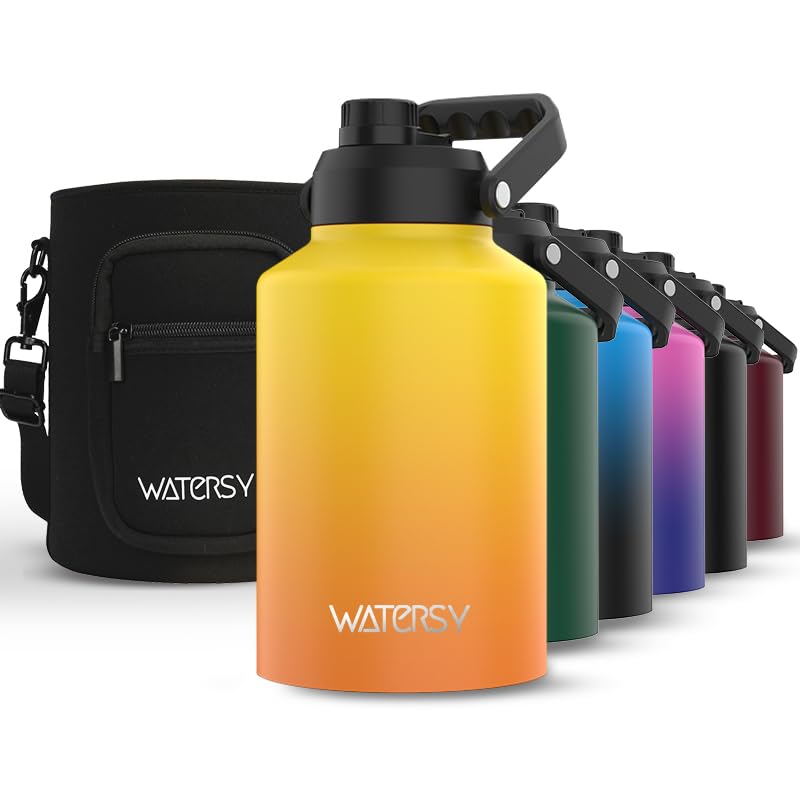 WATERSY 1 Gallon Water Bottle InsulatedCold for 48 HrsBPA FreeLeak Proof128oz Stainless Steel Water JugBig thermoLarge Water Bottle with Handle for GymHikingCampingTravelGradual Yellow