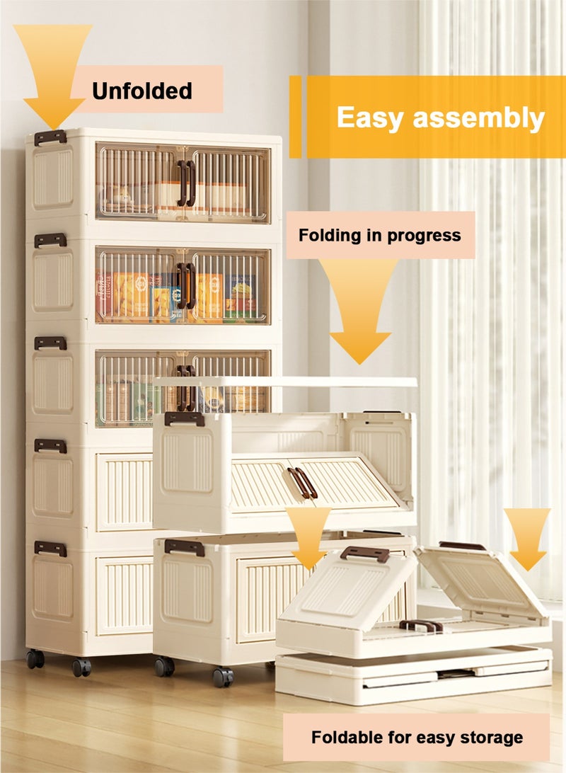 هومار كيت صناديق تخزين بخمس طبقات مع أغطية، منظمات خزانة قابلة للتكديس وتخزين بعجلات، صناديق تخزين قابلة للطي، حاويات تخزين بلاستيكية قابلة للطي بثلاثة أبواب شفافة وبابين بلاستيكيين للمنزل والمكتب وغرفة النوم - بيج - Image 3