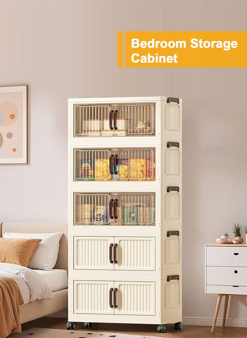 هومار كيت صناديق تخزين بخمس طبقات مع أغطية، منظمات خزانة قابلة للتكديس وتخزين بعجلات، صناديق تخزين قابلة للطي، حاويات تخزين بلاستيكية قابلة للطي بثلاثة أبواب شفافة وبابين بلاستيكيين للمنزل والمكتب وغرفة النوم - بيج - Image 4