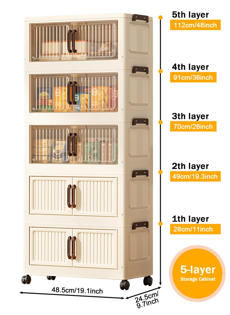 هومار كيت صناديق تخزين بخمس طبقات مع أغطية، منظمات خزانة قابلة للتكديس وتخزين بعجلات، صناديق تخزين قابلة للطي، حاويات تخزين بلاستيكية قابلة للطي بثلاثة أبواب شفافة وبابين بلاستيكيين للمنزل والمكتب وغرفة النوم - بيج - Image 2