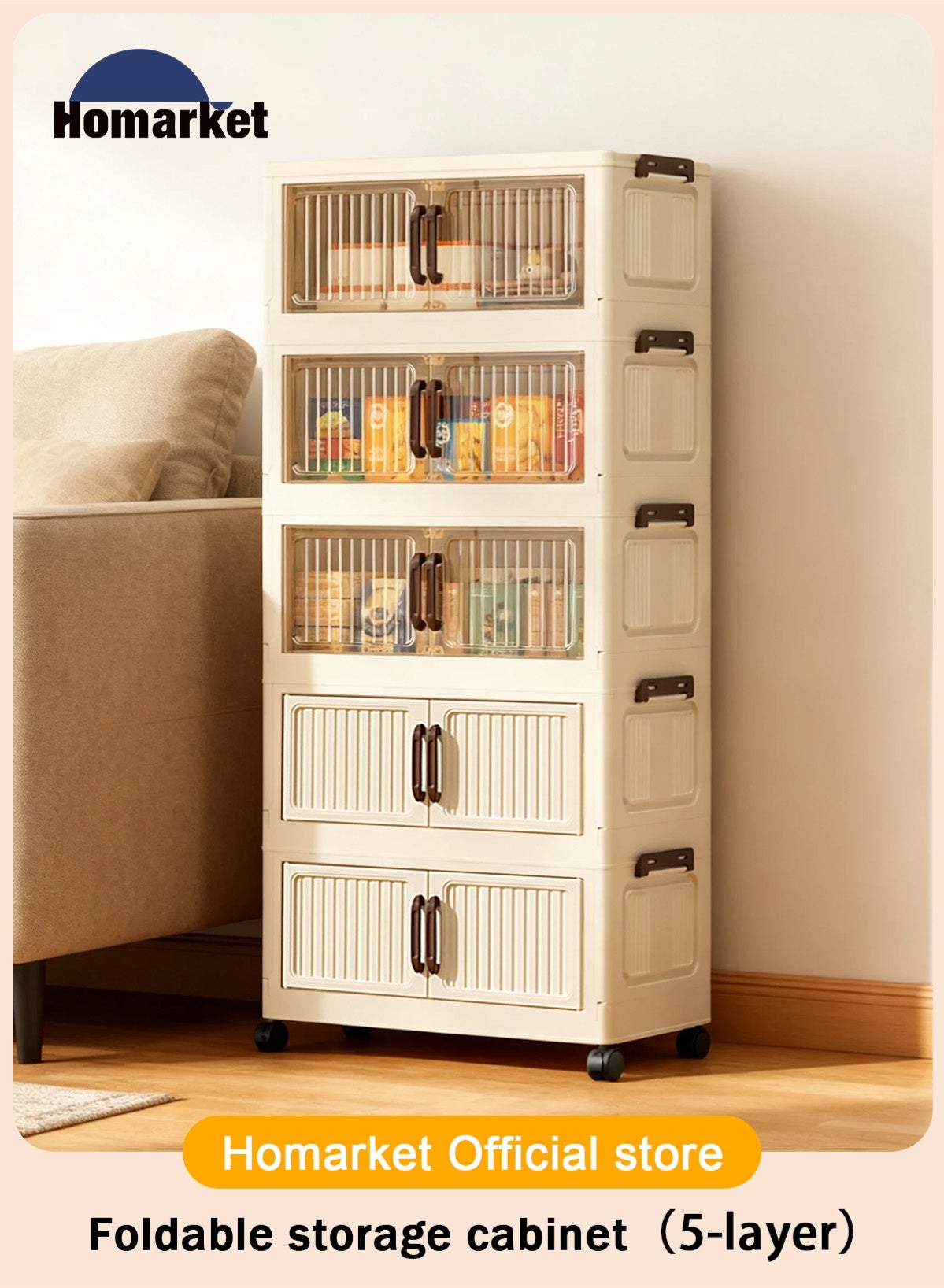 5 Tier Storage Bins with Lids,Stackable Closet Organizers and Storage with Wheels, Collapsible Storage Boxes, Foldable Plastic Storage Containers with 3 Transparent Door and 2 Plastic Door for Home,Office, Dorm Room-Beige