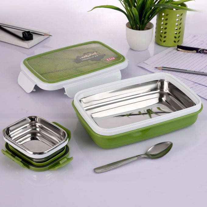 SNACK PRO INSULATED STAINLESS STEEL TIFFIN BOX FOR KIDS, INNER STEEL KATORI WITH SPOON TIFFIN BOX FOR BOYS, GIRLS & SCHOOL, BPA FREE AND LEAK PROOF LUNCH BOX CAPACITY : 850ML (GREEN)