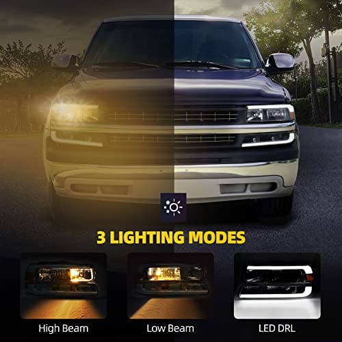 DWVO LED DRL Headlight Assembly Compatible with 1999-2002 Chevy Silverado 1500 2500/2001-2002 Chevy Silverado 1500HD 2500HD 3500/2000-2006 Tahoe Suburban 1500 2500 Black Housing Set - Image 2
