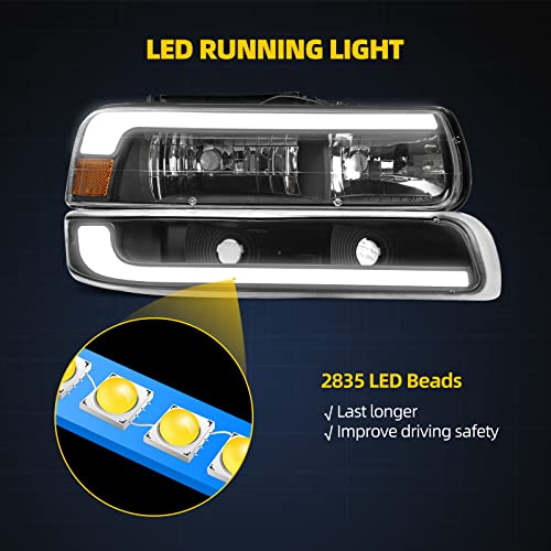 DWVO LED DRL Headlight Assembly Compatible with 1999-2002 Chevy Silverado 1500 2500/2001-2002 Chevy Silverado 1500HD 2500HD 3500/2000-2006 Tahoe Suburban 1500 2500 Black Housing Set - Image 3