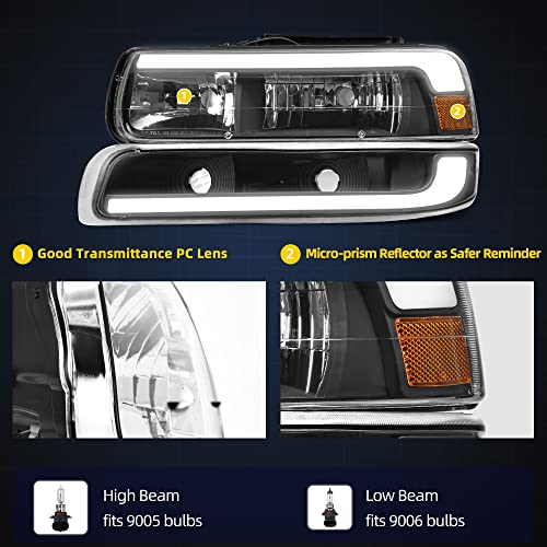 DWVO LED DRL Headlight Assembly Compatible with 1999-2002 Chevy Silverado 1500 2500/2001-2002 Chevy Silverado 1500HD 2500HD 3500/2000-2006 Tahoe Suburban 1500 2500 Black Housing Set - Image 4