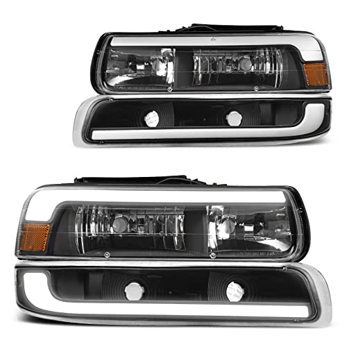 DWVO LED DRL Headlight Assembly Compatible with 1999-2002 Chevy Silverado 1500 2500/2001-2002 Chevy Silverado 1500HD 2500HD 3500/2000-2006 Tahoe Suburban 1500 2500 Black Housing Set - Image 1