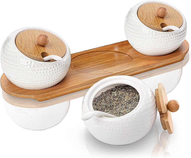 KOOSHLO Porcelain Condiment Jar Spice Container With Lids Bamboo Cap Holder SpotWooden Tray Best Pottery Cruet Pot For Your HomeKitchenCounter White170 ML - Image 1