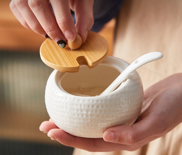 KOOSHLO Porcelain Condiment Jar Spice Container With Lids Bamboo Cap Holder SpotWooden Tray Best Pottery Cruet Pot For Your HomeKitchenCounter White170 ML - Image 3