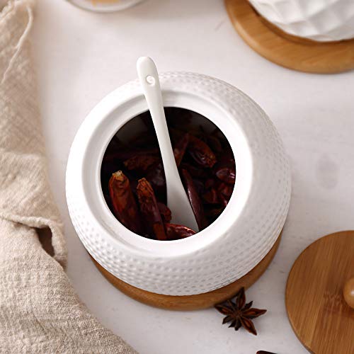 KOOSHLO Porcelain Condiment Jar Spice Container With Lids Bamboo Cap Holder SpotWooden Tray Best Pottery Cruet Pot For Your HomeKitchenCounter White170 ML - Image 4