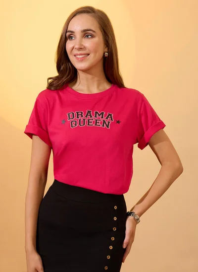 جلو باص Globus Women Pink Round Neck Short Sleeves Typography Print Oversized Crop T-Shirt