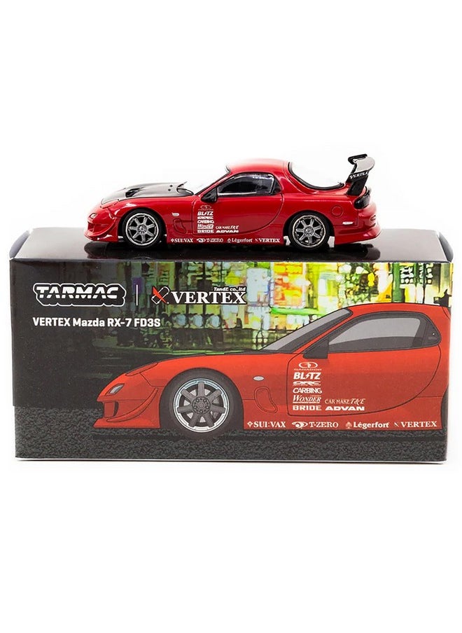 Tarmac Works - Tarmac Works RX-7 FD3S Vertex RHD (Right Hand Drive) Red with Black Hood Global64 Series 1/64 Diecast Model Car T64G-022-RE - Image 1