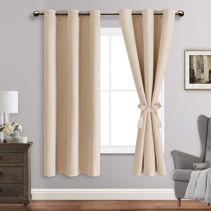 Beige Blackout Curtains with Tiebacks Thermal Insulated Light Blocking and Noise Reducing Grommet Curtain Drapes for Bedroom and Living Room Set of 2 Panels 42 x 63 Inch Length