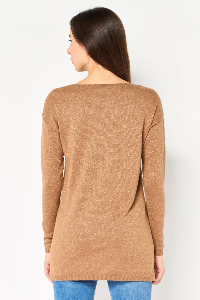 INC Women Round Neck Metallic Long Sleeve Sweater, Brown - Image 4
