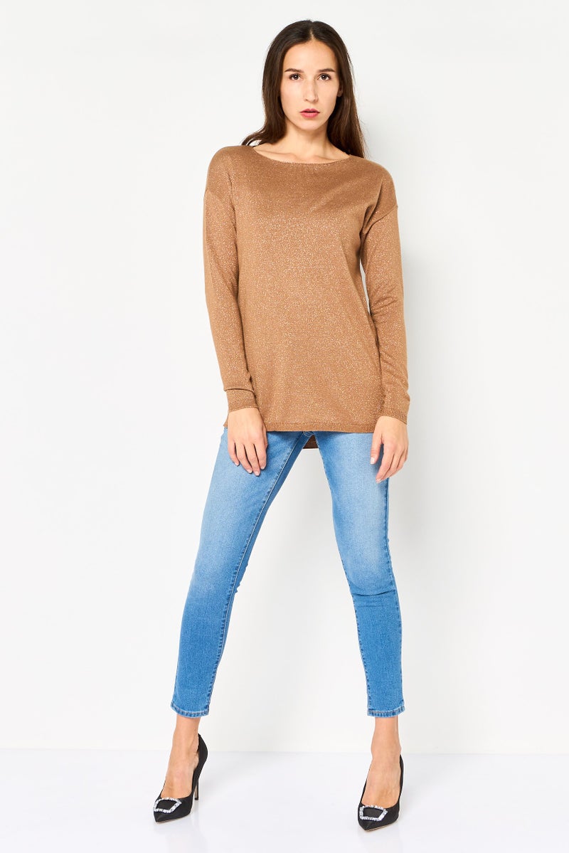 INC Women Round Neck Metallic Long Sleeve Sweater, Brown - Image 2