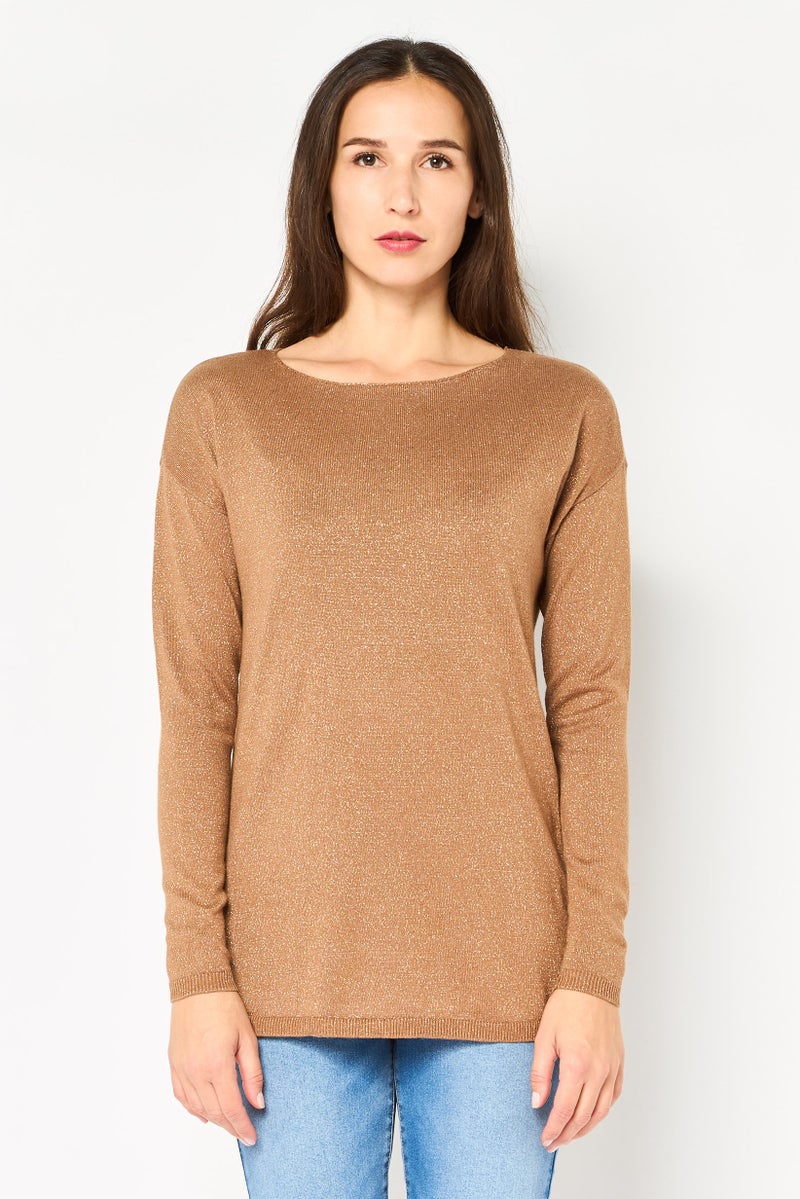 INC Women Round Neck Metallic Long Sleeve Sweater, Brown - Image 1