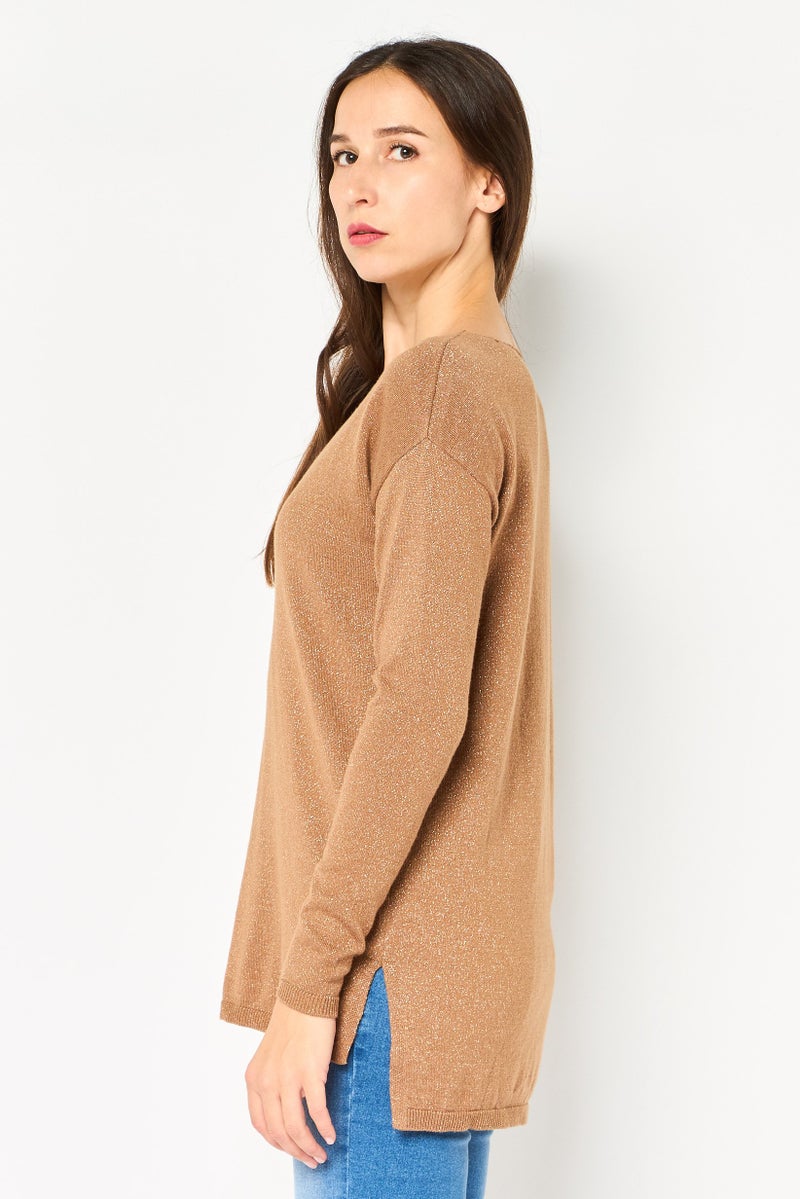 INC Women Round Neck Metallic Long Sleeve Sweater, Brown - Image 3