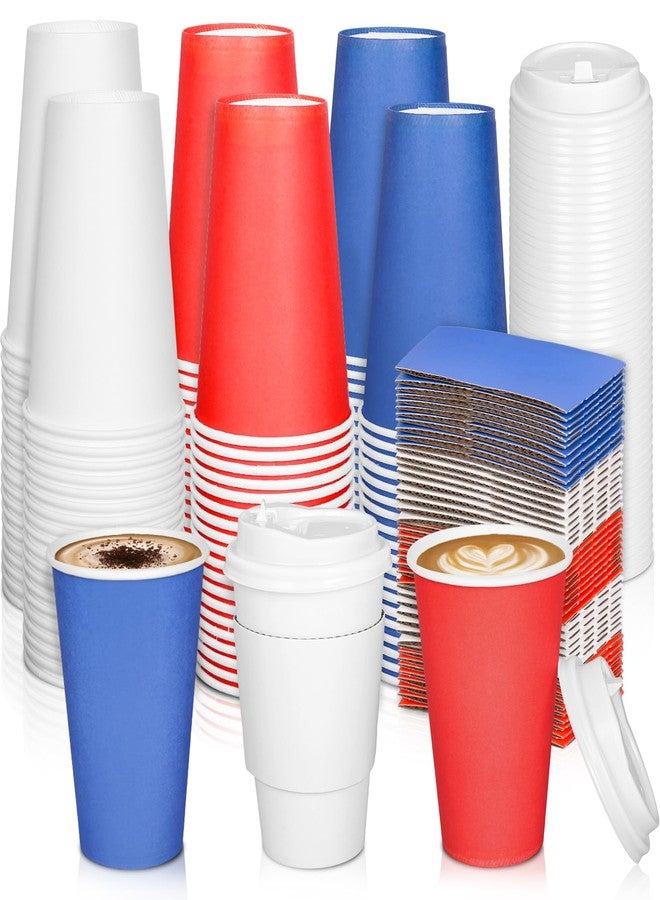 وولاين مجموعة أكواب قهوة ورقية معزولة للاستخدام مرة واحدة من والين، 60 قطعة، بتصميم وطني، مع أغطية وأكمام، سعة 12 أونصة، بألوان الأحمر والأزرق والأبيض، مثالية للاحتفال بيوم الاستقلال الأمريكي، وتوزيعات الحفلات المنزلية. - Image 1