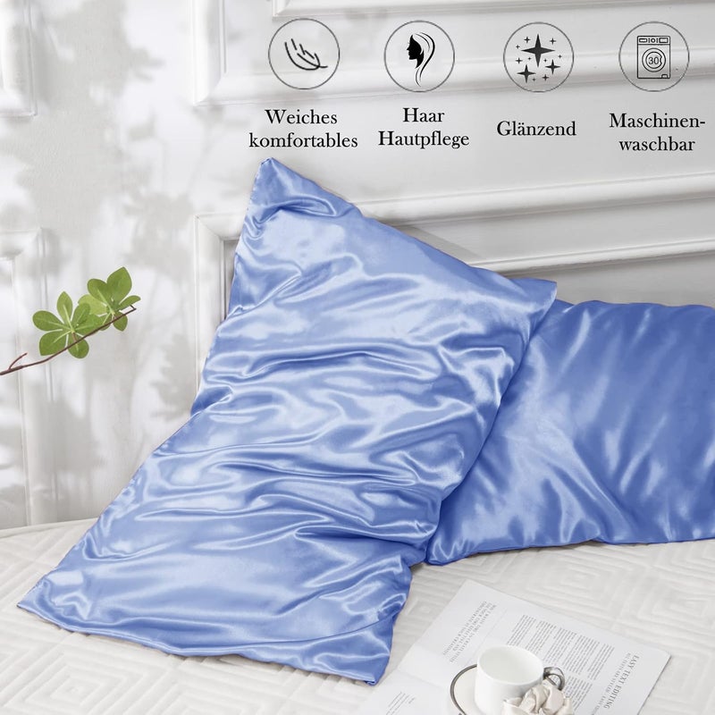 Vielit Set of 2 Satin Cushion Covers, 50 x 80 cm, Blue, Soft as Silk Pillowcase, Better Care Than Silk Pillose Case, Satin Pillowcase 50 x 80 cm, Cushion Cover for Hair and Skin with 2 Hair Bobbles - Image 5