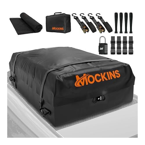 Mockins حقيبة سقف السيارة الثقيلة من موكينز بسعة 25 قدم مكعب 60"x43"x17" | تعمل مع أو بدون رف السقف | رائعة لرحلات الطرق، مغامرات التخييم والمزيد | المجموعة تشمل حصيرة سقف، قفل، خطافات وأحزمة - Image 1