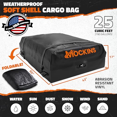 Mockins حقيبة سقف السيارة الثقيلة من موكينز بسعة 25 قدم مكعب 60"x43"x17" | تعمل مع أو بدون رف السقف | رائعة لرحلات الطرق، مغامرات التخييم والمزيد | المجموعة تشمل حصيرة سقف، قفل، خطافات وأحزمة - Image 3