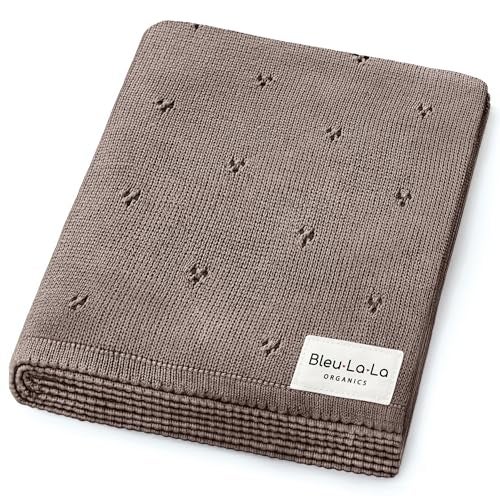 Bleu La La Organic Unisex Pointelle Receiving Swaddle Blanket for Boys & Girls - 100% Luxury Organic Soft Cotton Knit Warm Cozy Cuddle Stroller Blanket for Newborns, Infants, & Toddlers (Mocha) - Image 1