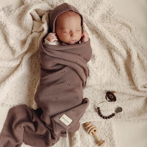 Bleu La La Organic Unisex Pointelle Receiving Swaddle Blanket for Boys & Girls - 100% Luxury Organic Soft Cotton Knit Warm Cozy Cuddle Stroller Blanket for Newborns, Infants, & Toddlers (Mocha) - Image 2