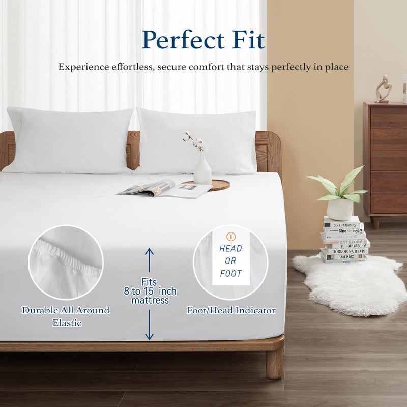 HOMTEC 100% Cotton Percale Fitted Sheet Queen Size, 8-15" Deep Pocket Cooling Bottom Sheet, Breathable Soft & Crisp Fitted Sheet Only with 4 Corner Straps (Queen, White) - Image 4
