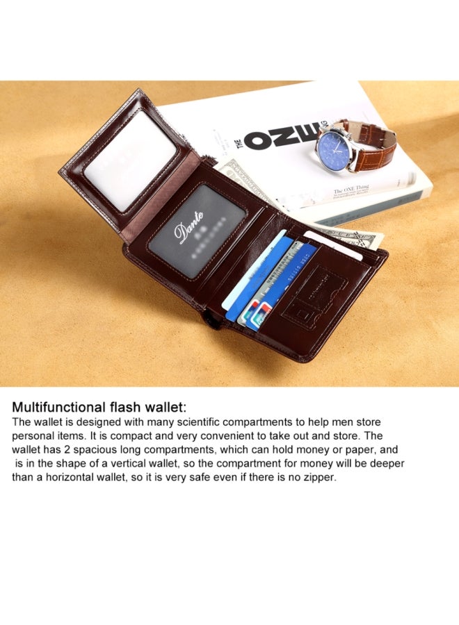 Dante Men's Wallet, Top Layer Cowhide, Three Sides, Men's Wallet, RFID Anti-theft Card Swipe, Wax Brown  - Image 5