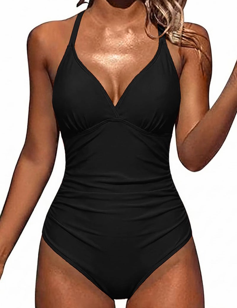 Hilor Plus Size Swimsuit for Women Sexy Macrame Back Swimwear Ruched Tummy Control Bathing Suit Black 16 - Image 2