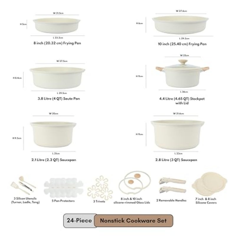 24-Piece Ceramic Nonstick Cookware Set with Detachable Handle, PFAS-Free Healthy Cooking Pots and Pans, Stackable Design with Pour Spouts, All-Stovetop Compatible, Dishwasher Safe Cream - Image 2