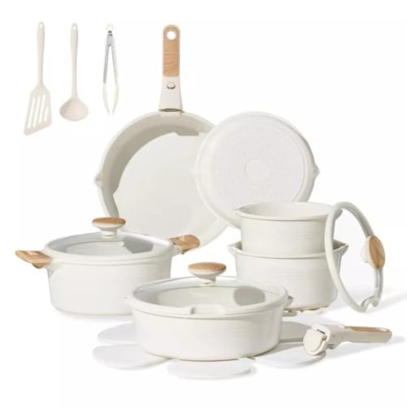 24-Piece Ceramic Nonstick Cookware Set with Detachable Handle, PFAS-Free Healthy Cooking Pots and Pans, Stackable Design with Pour Spouts, All-Stovetop Compatible, Dishwasher Safe Cream - Image 1