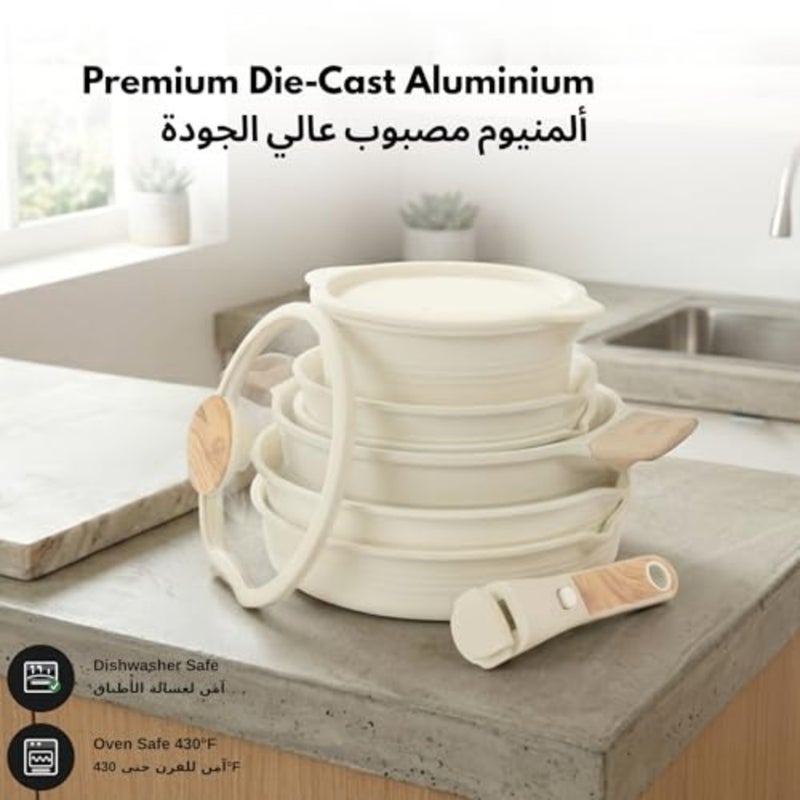 24-Piece Ceramic Nonstick Cookware Set with Detachable Handle, PFAS-Free Healthy Cooking Pots and Pans, Stackable Design with Pour Spouts, All-Stovetop Compatible, Dishwasher Safe Cream - Image 4