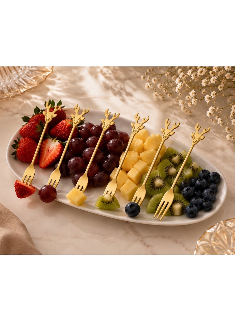 6-Piece Gold Stainless Steel Deer Fruit Fork Set | Elegant Dessert Forks with Deer Handle Design | Reusable Appetizer, Cake & Snack Forks for Home, Parties & Gifts (Tall) - Image 3