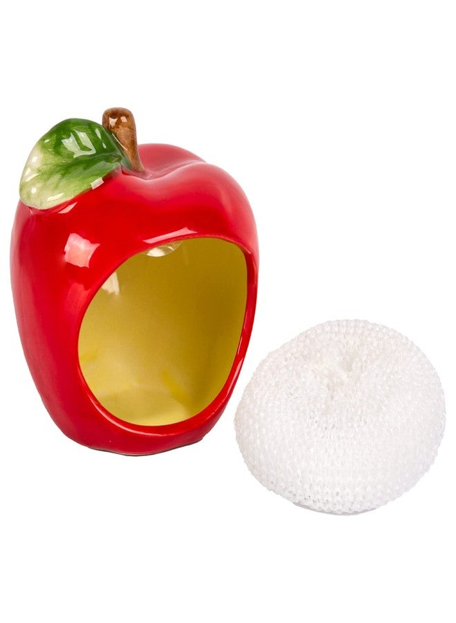 Palais Essentials Farmhouse Decor Kitchen Sink Scrubby Holder Ceramic - With Nylon Dish Scrubber (Red Apple) - Image 2